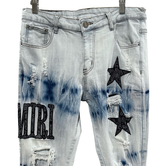AMIRI Distressed Bandana Tie-Dye Denim Jeans Men’s Size 32 Black Star Patch - Picture 8 of 14
